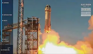  ?? Blue Origin / Associated Press ?? In an image from video, Blue Origin’s New Shepard rocket lifts off in West Texas. On board for testing was the Clockwork Starfish sampling device, which aims to retrieve asteroid samples.