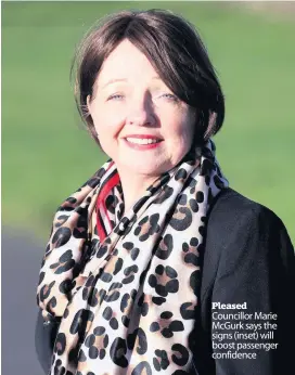  ??  ?? Pleased Councillor Marie McGurk says the signs (inset) will boost passenger confidence