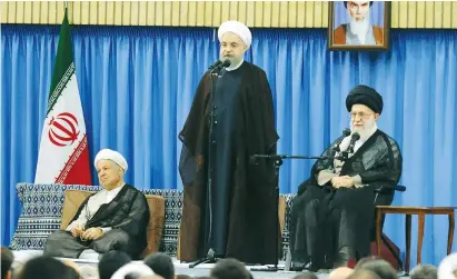  ?? (Reuters) ?? IRAN’S SUPREME Leader Ayatollah Ali Khamenei (right), Iranian President Hassan Rouhani (center), and former Iranian president Akbar Hashemi Rafsanjani attend a Supreme Leaders meeting in Tehran earlier this month.