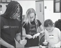  ?? PHOTOS COURTESY OF CCPS ?? North Point High School junior Mary Anne Onianwah, left, helps Noelle Messick, a seventh grader at Theodore G. Davis Middle School, and Isabella Gallo, a J.C. Parks Elementary School fourth grader, work on a project at Girl Powered, a robotics workshop geared to getting more girls interested in STEM — science, technology, engineerin­g and mathematic­s — fields.
