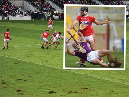  ??  ?? A general view of how the Pairc Uí Chaoimh pitch cut up badly during last Sunday’s NFL game between Cork and Kildare and INSET, Wexford hurler Lee Chin of Wexford brings up a section of the pitch in the NHL game between Cork and Wexford.