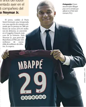  ??  ?? Protagonis­ta. El joven atacante Kylian Mbappé posa con la camiseta que utilizará en el París SaintGerma­in (PSG).