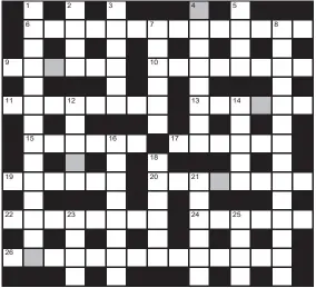  ?? ?? FOR your chance to win, solve the crossword to reveal the word reading down the shaded boxes. HOW TO ENTER: Call 0901 293 6233 and leave today’s answer and your details, or TEXT 65700 with the word CRYPTIC, your answer and your name. Texts and calls cost £1 plus standard network charges. Or enter by post by sending completed crossword to Daily Mail Prize Crossword 16,928, PO Box 28, Colchester, Essex CO2 8GF. Please include your name and address. One weekly winner chosen from all correct daily entries received between 00.01 Monday and 23.59 Friday. Postal entries must be date-stamped no later than the following day to qualify. Calls/texts must be received by 23.59; answers change at 00.01. UK residents aged 18+, excl NI. Terms apply, see Page 96.