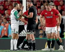  ?? PHOTOS: GETTY IMAGES ?? Sam Whitelock, left, has a noticeable mana and captained the Crusaders superbly this season while a lack of discipline has hurt the All Blacks under the leadership of Kieran Read, right, in discussion with referee Romain Poite during the Lions series.