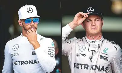  ??  ?? Lewis Hamilton e Nico Rosberg. ambos da Mercedes, disputam o título da temporada no GP de Abu Dhabi