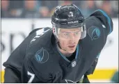  ?? NHAT V. MEYER — BAY AREA NEWS GROUP ?? San Jose Sharks’ Dylan Gambrell waits for a face-off against the Minnesota Wild during a 2019 game.