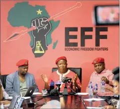  ?? PICTURE: MOTSHWARI MOFOKENG ?? SEEING RED: The EFF’s Julius Malema with Mpho Ramakatsa, left, and Floyd Shivambu. While his devotees applaud his every antic, the writer says, respect needs to be restored in Parliament.