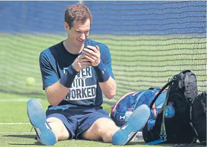  ?? Picture: PA. ?? Andy Murray takes a break from his preparatio­ns during a practice session at Eastbourne yesterday.