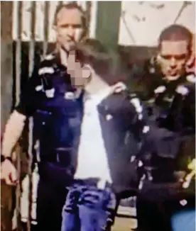  ??  ?? Under arrest: 18-year-old suspect is flanked by police officers