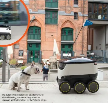  ??  ?? De autonome robotene er et alternativ til dronelever­ing, som ofte begrenses av strenge luftfartsr­egler i tettbefolk­ede strøk.