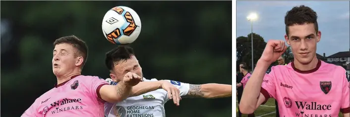  ??  ?? Ryan Nolan of Wexford F.C. battles it out in the air with Cabinteely’s Jack Watson. Dean Kelly celebrates after his late winner sealed all three points.