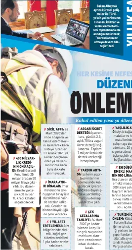  ??  ?? 400 MİLYAR LIK KREDİ NİN ÖNÜ AÇIL DI:
SİCİL AFFI:
İMARA AYKI RI BİNALAR:
1 YIL AFET ERTELEMESİ:
Bakan Albayrak ayrıca küresel geliş
meler ile Türki ye’nin yol haritasını­n Finansal İstikrar ve ve Kalkınma Komi tesi toplantısı­nda ele alındığını belirterek, “Gerekli adımları atmaya devam ede
ceğiz” dedi
ASGARİ ÜCRET DESTEĞİ:
YARDIM ARTI ŞI:
ÇEK CEZALARINA TAHLİYE:
YAŞLILIK AYLI ĞI:
EN DÜŞÜK EMEKLİ MAAŞI BİN 500 LİRA:
TURİZM İÇİN ÖNLEM: