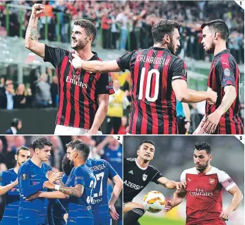  ?? FOTOS: AFP ?? (1) Patrick Cutrone, Hakan Calhanoglu y Suso, felices por el gane. (2) Álvaro Morata juega poco y así celebró el gol del gane azul. (3) Araz Abdullayev y el defensa bosnio del Arsenal Sead Kolasinac.