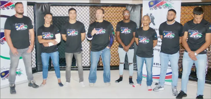  ?? Photo: Nampa ?? On a mission… Namibia’s Amateur Martial Athletes travelling to South Africa for the IMMAF championsh­ips. From left to right, Wys Landsberg, Damian Müller, Geraldo Bok, Carlos de Sousa (coach), Veja Hinda, Jason Beukes, Eduardo Platt and Ronaldo Feris.