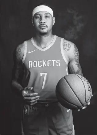  ?? Elizabeth Conley / Staff photograph­er ?? Rockets forward Carmelo Anthony doesn’t share the enthusiasm others have in discussing his role on the team. “People have always been speculatin­g, so I will continue to not talk about it,” he said.