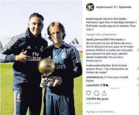  ?? TOMADO DE INSTAGRAM.COM ?? Keylor felicitó a su compañero por el premio.