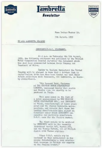  ??  ?? The l etter dated August 5, 1959 announcing the collaborat­ion between BMC and I nnocenti which, i n the end, was the downfall of the Lambretta.
