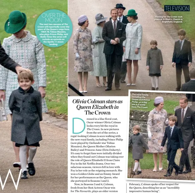  ??  ?? The royal family, including the Queen and Prince Philip, on a day out in a scene from The Crown. Filming for The Crown took place at St Mark’s Church in Englefield, England.