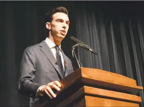  ?? Cassandra Day / Hearst Connecticu­t Media ?? New Mayor Ben Florsheim addresses the crowd gathered for his and other officials’ inaugurati­on Tuesday night at Middletown High School.