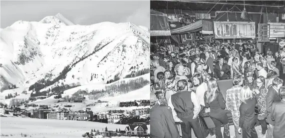  ??  ?? Above left, Crested Butte Mountain Resort’s base area is dwarfed by the Elk Mountains. Crested Butte, is nestled among the snowiest peaks in Colorado. For residents and visitors, it’s all about the snow. • Locals and visitors rub elbows at an apres ski...