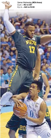  ?? JUN MENDOZA ?? FEU Tamaraw Prince Orizu tries to keep his balance in midair as he gives up a foul on Blue Eagles’ Thirdy Ravena in their UAAP game yesterday at the Araneta Coliseum.