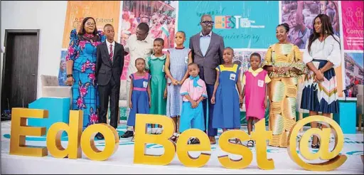  ??  ?? Edo State Governor, Godwin Obaseki (middle), with the Chairman, State Universal Basic Education Board (SUBEB), Dr. Joan Osa Oviawe; the state Deputy Governor, Philip Shaibu; Governor’s wife, Mrs. Betsy Obaseki; and the Deputy Governor’s wife, Mrs. Maryann Philip Shaibu with pupils during the inaugurati­on of Edo BEST 2.0 in Benin City... recently