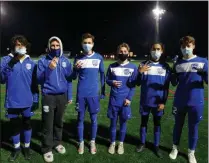  ?? JEFF GELLER PROVIDED BY SARATOGA ATHLETICS VIA TWITTER ?? From left to right, Lucas Varghese, Garrett Farr, Jack Donnelly, Evan Hallett, Nicholas Varghese and Stefanos Tsitos all scored goals in Saratoga’s 6-2win over Shaker on November 3, 2020.