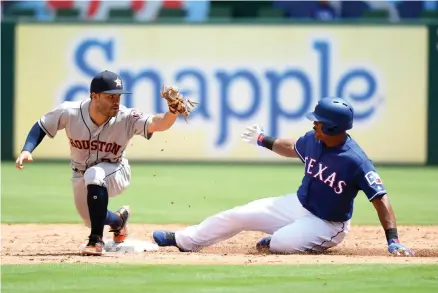  ?? Jeffrey McWhorter/Associated Press ?? ■ Houston Astros second baseman Jose Altuve receives the throw from starting pitcher Dallas Keuchel ahead of a sliding Adrian Beltre on a fielder's choice by Texas Rangers' Jurickson Profar during the third inning of a baseball game Sunday in Arlington, Texas.