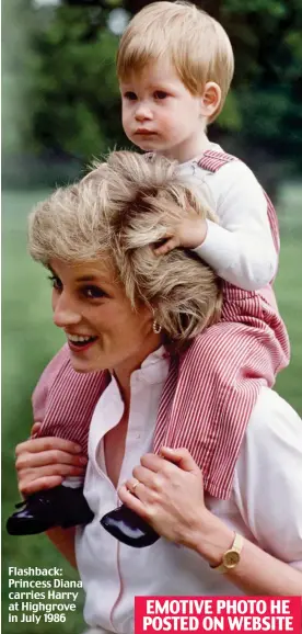  ??  ?? Flashback: Princess Diana carries Harry at Highgrove in July 1986
EMOTIVE PHOTO HE POSTED ON WEBSITE