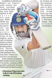  ?? PTI ?? Cheteshwar Pujara has risen to No 2 in the ICC batting rankings.