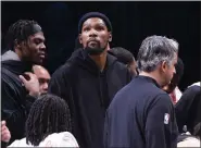  ?? AP PHOTO/COREY SIPKIN ?? Brooklyn Nets forward Kevin Durant, center, looks on from the bench during the second half of an NBA basketball game against the Los Angeles Lakers, Monday, Jan. 30, 2023, in New York.