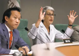  ??  ?? Assemblyma­n David Chiu, D- San Francisco, and state Sen. Hannah- Beth Jackson, D- Santa Barbara, co- chair a hearing on the measure to repeal the Costa- Hawkins Rental Housing Act.