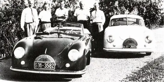  ??  ?? Above: Shown with the Porsches celebratin­g after the 1950 Rally to the Midnight Sun are, from left, Joachim zu Fürstenber­g, Ferry Porsche, Konstantin ‘Tin’ Berckheim, Fritzi zu Fürstenber­g and Günther von Hardenberg