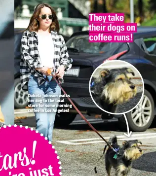  ?? ?? They take their dogs on coffee runs! Dakota Johnson walks her dog to the local store for some morning coffee in Los Angeles!