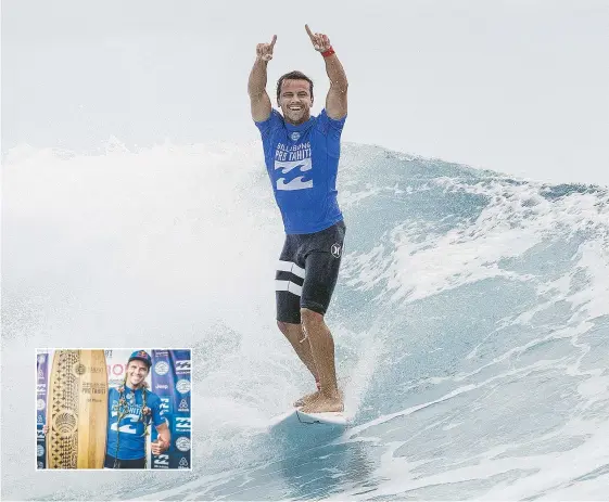  ?? Picture: AAP IMAGES ?? Australian surfer Julian Wilson celebrates beating Brazil’s Gabriel Medina in the final of the Billabong Pro at Teahupo'o, Tahiti.