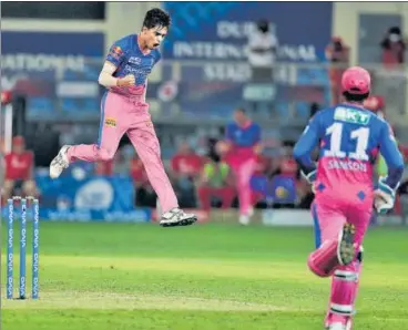  ?? BCCI/IPL ?? Rajasthan Royals fast bowler Kartik Tyagi gave only one run with Punjab Kings needing four off the final over, guiding his team to a two-run win in the IPL game on Tuesday. Tyagi, named Player of the Match, took two wickets in his four overs.