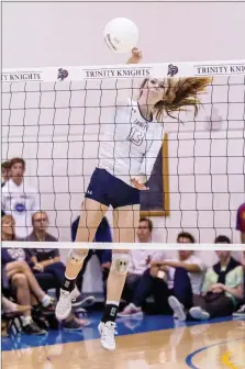  ?? Courtesy photos ?? Trinity Classical Academy’s Hannah Caddow (13) hits the ball over the net against Hawthorne Math & Science on Tuesday. Caddow had seven kills and seven digs during the game.