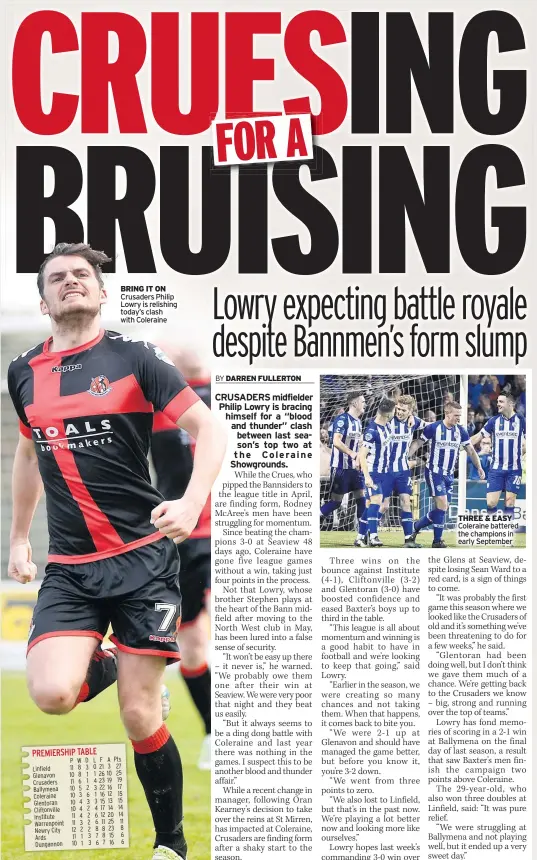  ??  ?? BRING IT ON Crusaders Philip Lowry is relishing today’s clash with Coleraine THREE &amp; EASY Coleraine battered the champions in early September