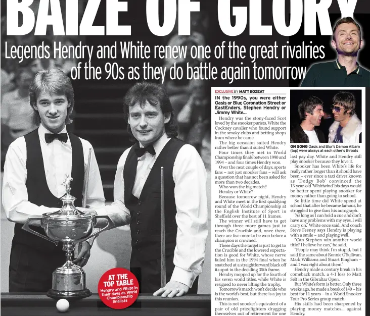  ??  ?? AT THE TOP TABLE
in Hendry and White
World their days as Championsh­ip
finalists
On SOnG Oasis and Blur’s Damon Albarn (top) were always at each other’s throats