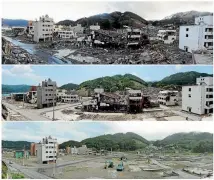  ??  ?? A combinatio­n photo shows an area of Onagawa, Miyagi Prefecture, on March 16, 2011 (top) after the area was devastated by the March 11 Japanese magnitude 9.0 earthquake and tsunami, and its aftermath taken on June 3, 2011 and September 1, 2011.