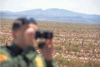  ?? NICK OZA, THE ARIZONA REPUBLIC ?? Border Patrol agent Daniel Hernandez scans for traces of a person who was illegally crossing the U.S. border near Ajo, Ariz. His thermomete­r that day read 104 degrees.