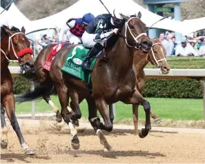  ?? Submitted photo ?? Shedaresth­edevil, under jockey Florent Geroux, wins the Grade 2 $350,000 Azeri on March 13, 2021. Photo courtesy of Coady Photograph­y.