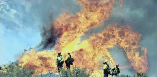  ??  ?? FIREFIGHTE­RS watch the Apple Fire in Banning, California. | Ringo Chiu | AP