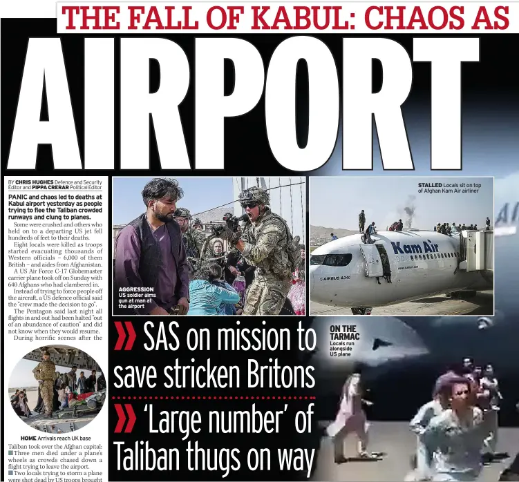  ??  ?? HOME Arrivals reach UK base
AGGRESSION US soldier aims gun at man at the airport