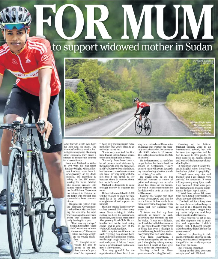  ?? PICTURES: RICHARD SWINGLER ?? Michael Wright, aged 16, who is cycling 3,500 miles to raise money for his mother who lives in Sudan