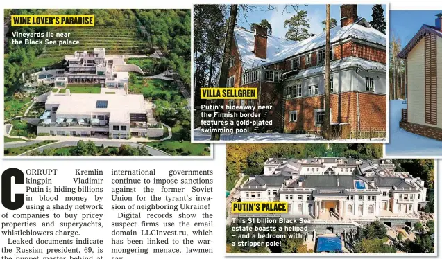  ?? ?? Vineyards lie near the Black Sea palace
Putin’s hideaway near the Finnish border features a gold-plated swimming pool
This $1 billion Black Sea estate boasts a helipad — and a bedroom with a stripper pole!