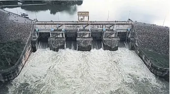  ??  ?? OPENING THE FLOODGATES: A large amount of water is released daily from Ubol Ratana Dam in Khon Kaen, which is the main cause of flooding in the province, as well as Roi Et and Maha Sarakham.