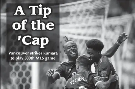  ?? The Associated Press ?? Whitecaps Kei Kamara, back left, Cristian Techera and Alphonso Davies celebrate against the Montreal Impact in Vancouver on Sunday.