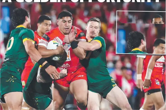  ??  ?? Tonga’s Jason Taumalolo on the charge in a Test against Australia and (inset) the NSW Blues celebrate winning last year’s State of Origin series.