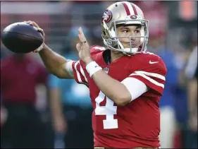  ??  ?? In this Nov. 1 file photo, San Francisco 49ers quarterbac­k Nick Mullens throws a pass against the Oakland Raiders during the first half of an NFL football game in Santa Clara. AP PHOTO/BEN MARGOT